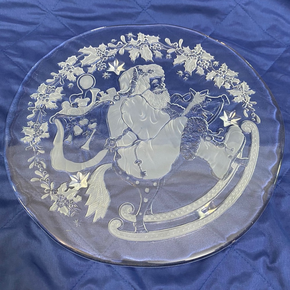 Christmas Santa Rocking Horse Platter Large 14in Clear Frosted Serving Glass EUC